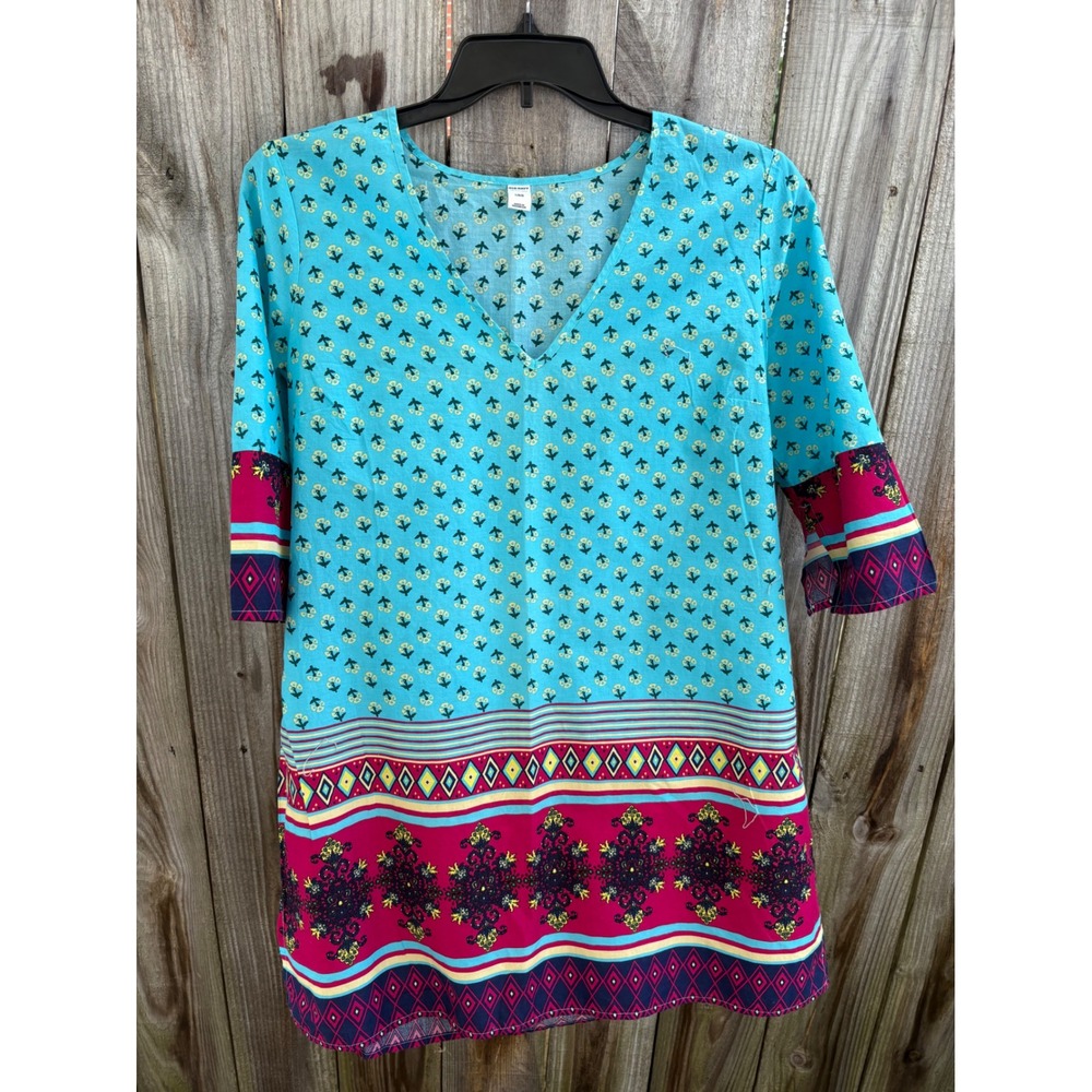 Old Navy Women Turquoise Floral Boho Cotton V-Neck Shift Dressβ L 117936-01